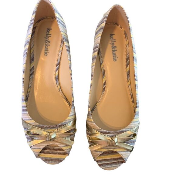 Kelly & Katie Blue Stripe Espadrille Wedge Heels w/ Peep Toe & Gold Size 9 - Picture 2 of 11